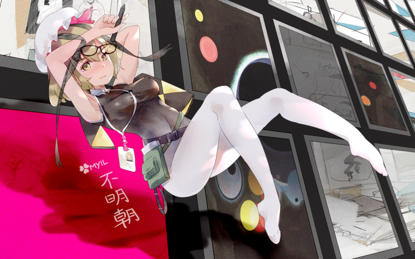1girl armpits arms_up bangs black_shirt blonde_hair breasts closed_mouth commentary_request cookie_(touhou) eyebrows_visible_through_hair fairyfloss full_body fumei_(cookie) hair_between_eyes hat holding holding_pen lanyard leggings looking_at_viewer maribel_hearn medium_breasts mob_cap no_shoes painting_(object) pen shirt short_hair solo touhou white_headwear white_legwear