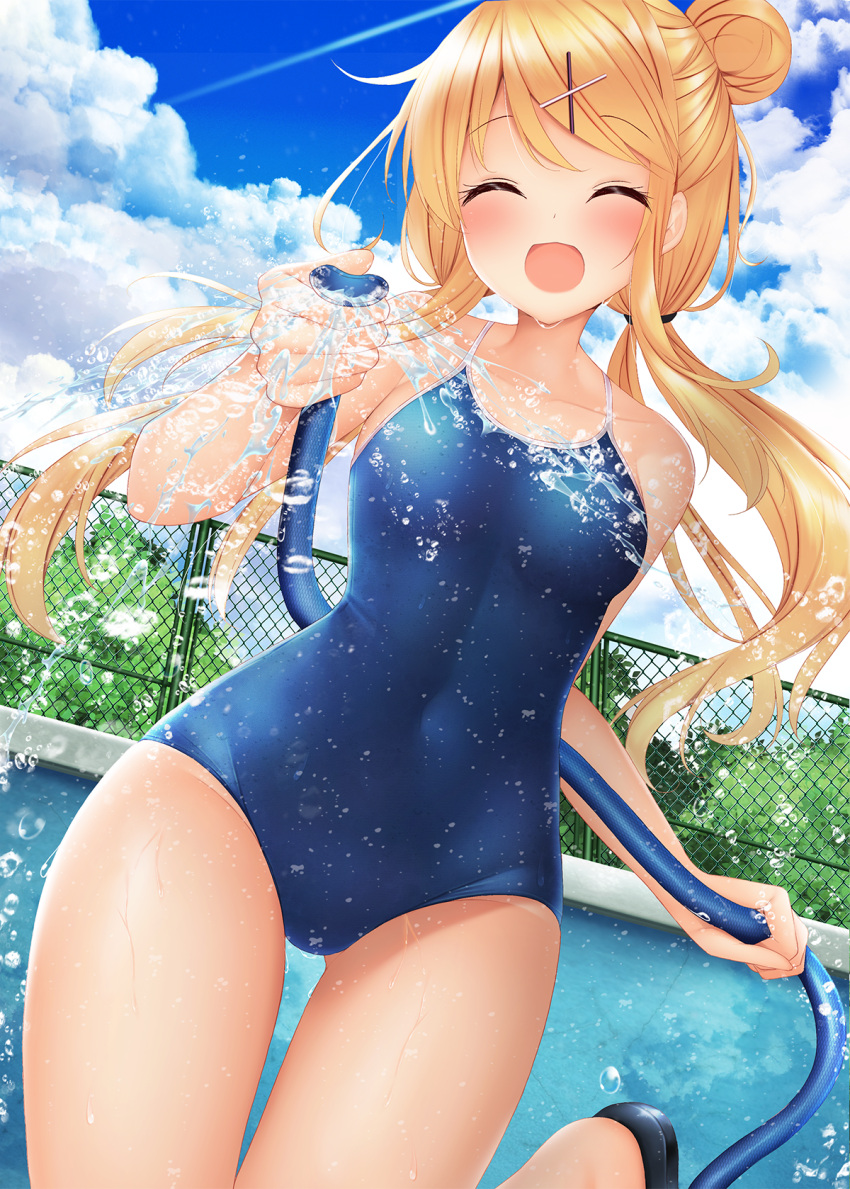 1girl blonde_hair blue_neckwear blue_swimsuit blush bow bow_panties bra closed_eyes clouds cloudy_sky collared_shirt commentary_request day eyebrows_visible_through_hair facing_viewer fence hair_between_eyes hair_ornament hairclip highres holding_hose hose kin-iro_mosaic kujou_karen leg_up long_hair low_twintails minato_ojitan navel necktie open_mouth panties pool revision see-through shirt sky slippers solo swimsuit swimsuit_under_clothes tree twintails underwear water wet wet_clothes white_bra x_hair_ornament