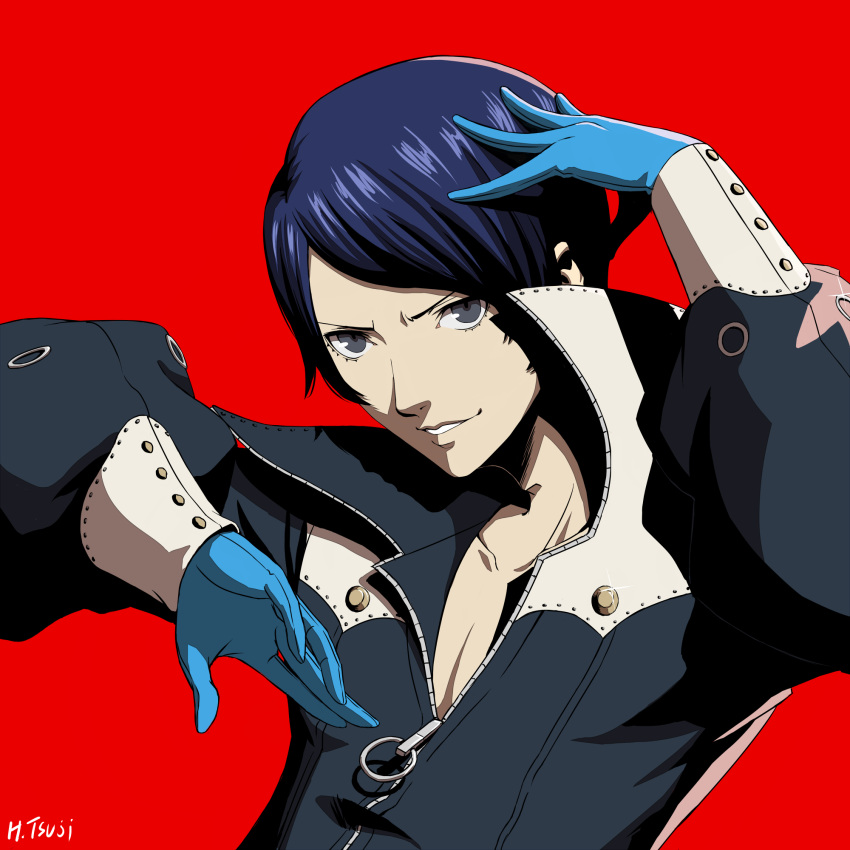 1boy artist_name bangs blue_gloves blue_hair collarbone gloves grey_eyes grey_jacket hayatetsujimoto highres jacket kitagawa_yuusuke long_sleeves male_focus parted_lips persona persona_5 red_background shiny shiny_hair short_hair simple_background smile solo swept_bangs upper_body zipper