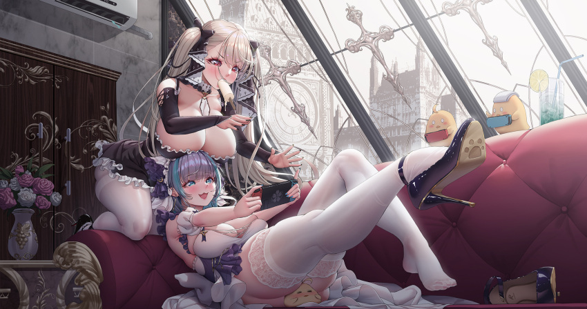 2girls :3 air_conditioner aqua_eyes aqua_hair ass azur_lane bangs bare_shoulders between_breasts between_thighs black_dress black_footwear black_nails blue_eyes blush breast_rest breasts breasts_on_head cheshire_(azur_lane) couch curvy detached_sleeves door dress eyebrows_visible_through_hair food formidable_(azur_lane) frilled_dress frills grey_hair hair_between_eyes handheld_game_console high_heels highres holding holding_handheld_game_console huge_breasts kneeling large_breasts legs legs_up long_hair maid_headdress manjuu_(azur_lane) mouth_hold multicolored_hair multiple_girls nintendo_switch nose_blush notre_dame_de_paris open_mouth overflow playing_games popsicle red_eyes rhasta shoes_removed short_dress short_hair skindentation smile stiletto_heels streaked_hair thick_thighs thighs twintails two-tone_dress very_long_hair white_hair window