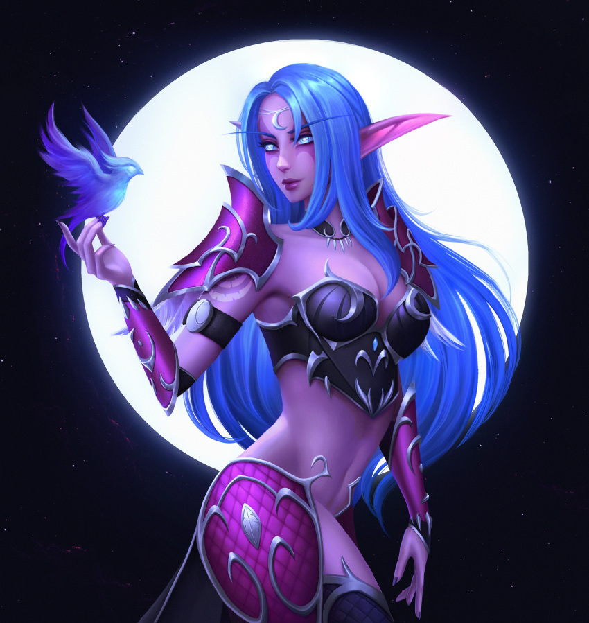 1girl absurdres alisa_nilsen bird blue_hair boobplate closed_mouth colored_skin commission cowboy_shot diadem elf elunia_(warcraft) facial_mark full_moon hand_up highres long_eyebrows long_hair long_pointy_ears moon navel night_elf pink_skin pointy_ears smile solo standing thigh-highs toned warcraft world_of_warcraft