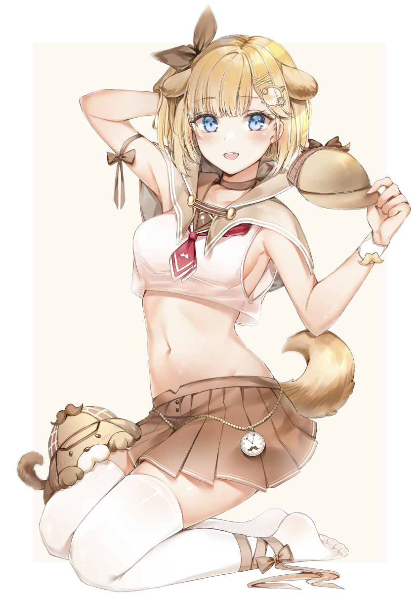1girl absurdres adapted_costume animal_ears arm_up armpits bangs blonde_hair blue_eyes blush breasts bubba_(watson_amelia) capelet choker clock crop_top dog dog_ears dog_tail hair_ribbon hat highres holding holding_clothes holding_hat hololive hololive_english kneeling leg_ribbon looking_at_viewer medium_breasts midriff miniskirt navel necktie one_side_up open_mouth pleated_skirt red_neckwear ribbon sailor_collar short_hair short_necktie sideboob simple_background skirt smile solo tail thigh-highs watson_amelia white_legwear wristband yukineko1018