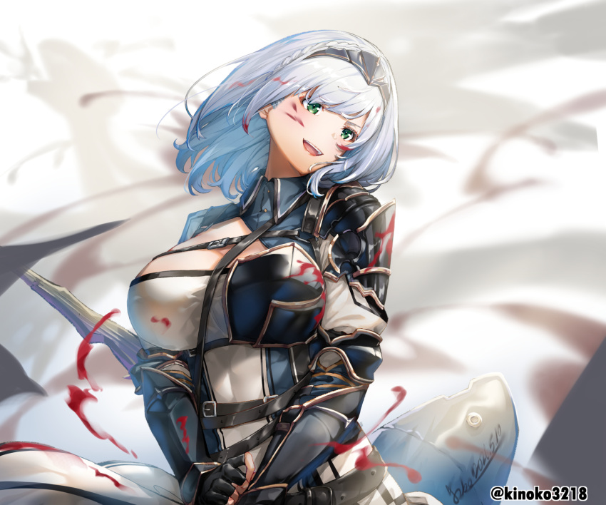 1girl armor armored_dress bangs belt between_breasts blood blood_on_face blood_splatter blue_hair blue_shirt blurry blurry_background braid breasts chest_belt chest_strap cleavage_cutout clothing_cutout collared_shirt colored_inner_hair commentary_request dated fingerless_gloves gauntlets gloves green_eyes hairband head_tilt highres hololive kinoko_(shikimylove) large_breasts long_sleeves looking_to_the_side medium_hair multicolored_hair multicolored_shirt open_mouth shiny shiny_clothes shirogane_noel shirt shoulder_armor sidelocks silver_hair solo strap_between_breasts swept_bangs twitter_username upper_teeth virtual_youtuber white_shirt