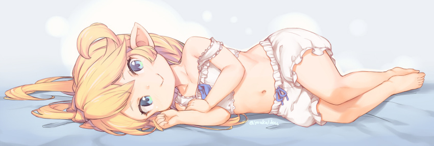 1girl barefoot blonde_hair bloomers blue_eyes charlotta_fenia closed_mouth commentary_request full_body granblue_fantasy harvin jingai_modoki long_hair looking_at_viewer lying midriff navel off_shoulder on_side pointy_ears smile solo underwear white_bloomers
