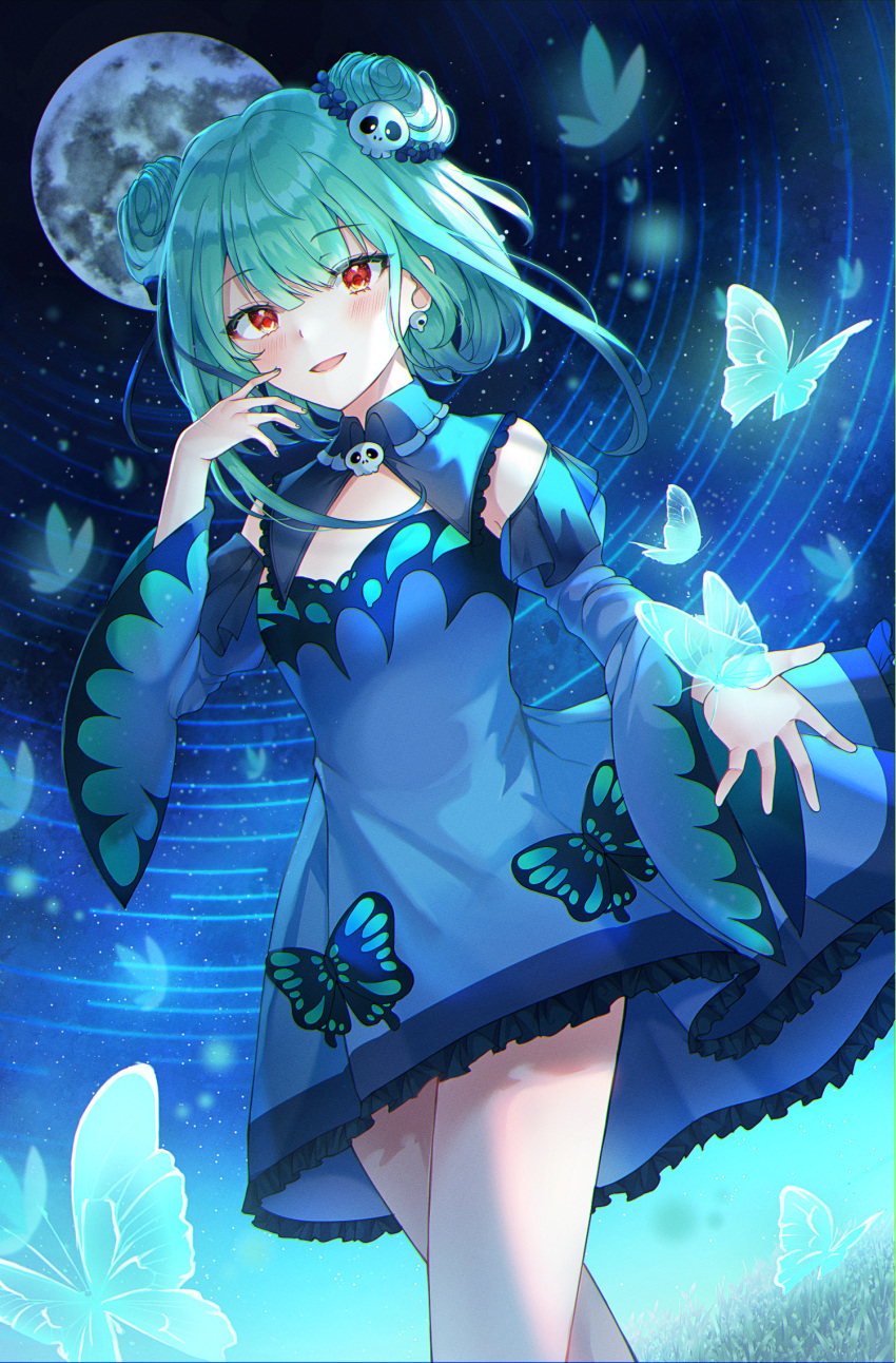1girl bangs blue_butterfly blue_dress blush bug butterfly commentary detached_sleeves double_bun dress earrings frilled_dress frills full_moon green_hair hair_ornament hand_up highres hololive insect jewelry long_sleeves moon night open_mouth red_eyes ryunbi short_hair_with_long_locks skull_earrings skull_hair_ornament smile solo standing uruha_rushia virtual_youtuber wide_sleeves