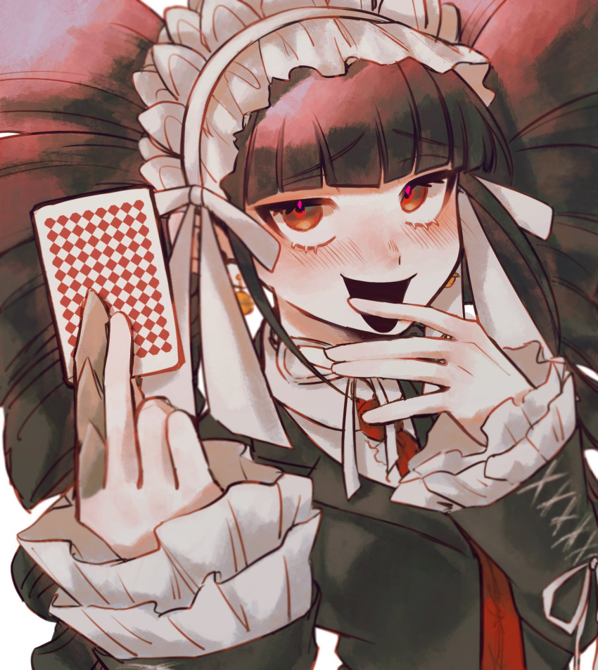 1girl :d bangs bbjj_927 blunt_bangs blush bonnet brown_hair card celestia_ludenberg dangan_ronpa:_trigger_happy_havoc dangan_ronpa_(series) drill_hair earrings eyebrows_visible_through_hair frills gothic_lolita hand_up highres holding holding_card jewelry lolita_fashion long_hair long_sleeves looking_at_viewer necktie open_mouth red_eyes smile solo twin_drills twintails upper_body