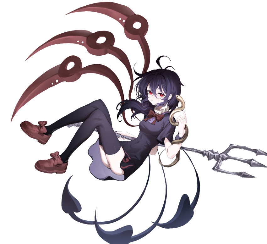 1girl absurdres asymmetrical_wings bangs black_dress black_hair black_legwear blue_wings bow bowtie breasts center_frills commentary dated_commentary dress footwear_bow frilled_dress frills full_body hair_between_eyes highres holding holding_pitchfork houjuu_nue long_hair looking_at_viewer medium_breasts mia_(39565899) pitchfork red_bow red_eyes red_footwear red_neckwear red_wings shoes short_dress short_sleeves simple_background snake solo thigh-highs touhou white_background wings wristband