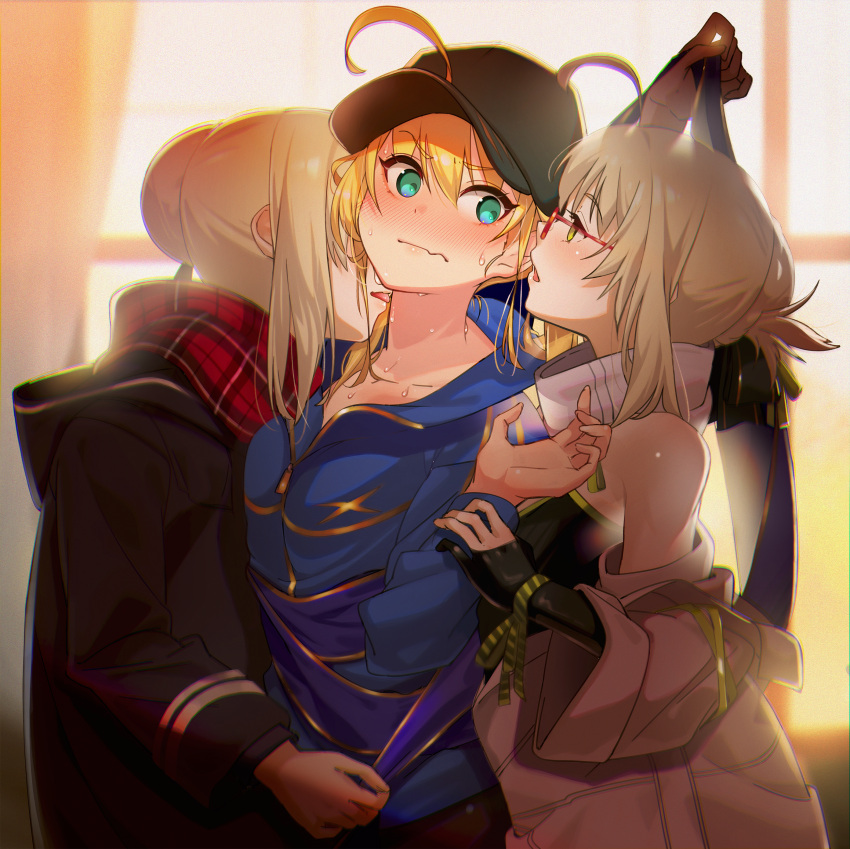 3girls absurdres ahoge artoria_pendragon_(all) bangs bare_shoulders baseball_cap black_headwear black_shirt blonde_hair blue_jacket blue_scarf blush braid breasts closed_mouth fate/grand_order fate_(series) french_braid glasses green_eyes hair_between_eyes hair_bun hat highres hood hooded_jacket huge_filesize jacket long_hair long_sleeves looking_at_another looking_to_the_side medium_breasts multiple_girls mysterious_heroine_x_(alter)_(fate) mysterious_heroine_x_(fate) mysterious_idol_x_(alter)_(fate) off_shoulder plaid plaid_scarf ponytail purple_jacket red_scarf rojiura_satsuki:_chapter_heroine_sanctuary scarf shirt sidelocks small_breasts suppa_(hagakuresuppa) wavy_mouth white_jacket yellow_eyes