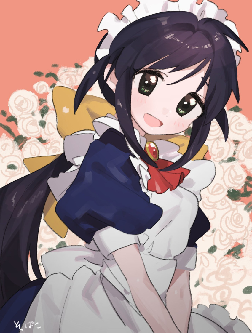 1girl andou_mahoro apron artist_name black_hair blue_dress bow brooch dress flower green_eyes hair_bow highres jewelry long_hair mahoromatic maid_headdress open_mouth ponytail puffy_short_sleeves puffy_sleeves rose short_sleeves smile sobamushi_mo solo upper_body yellow_bow