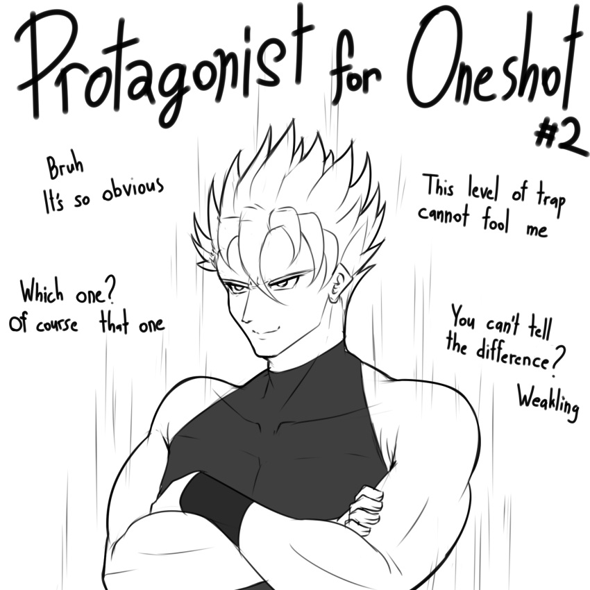 1boy band-width closed_mouth crossed_arms dragon_ball dragon_ball_z english_text highres looking_afar male_focus monochrome muscular muscular_male original parody smile solo spiky_hair super_saiyan upper_body