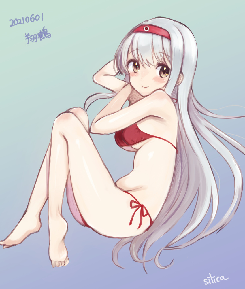1girl absurdres barefoot bikini blue_background blush_stickers breasts character_name commentary_request dated full_body gradient gradient_background hairband highres kantai_collection long_hair looking_at_viewer medium_breasts red_bikini red_hairband shoukaku_(kancolle) side-tie_bikini silica_(silica_silylate) solo swimsuit white_hair