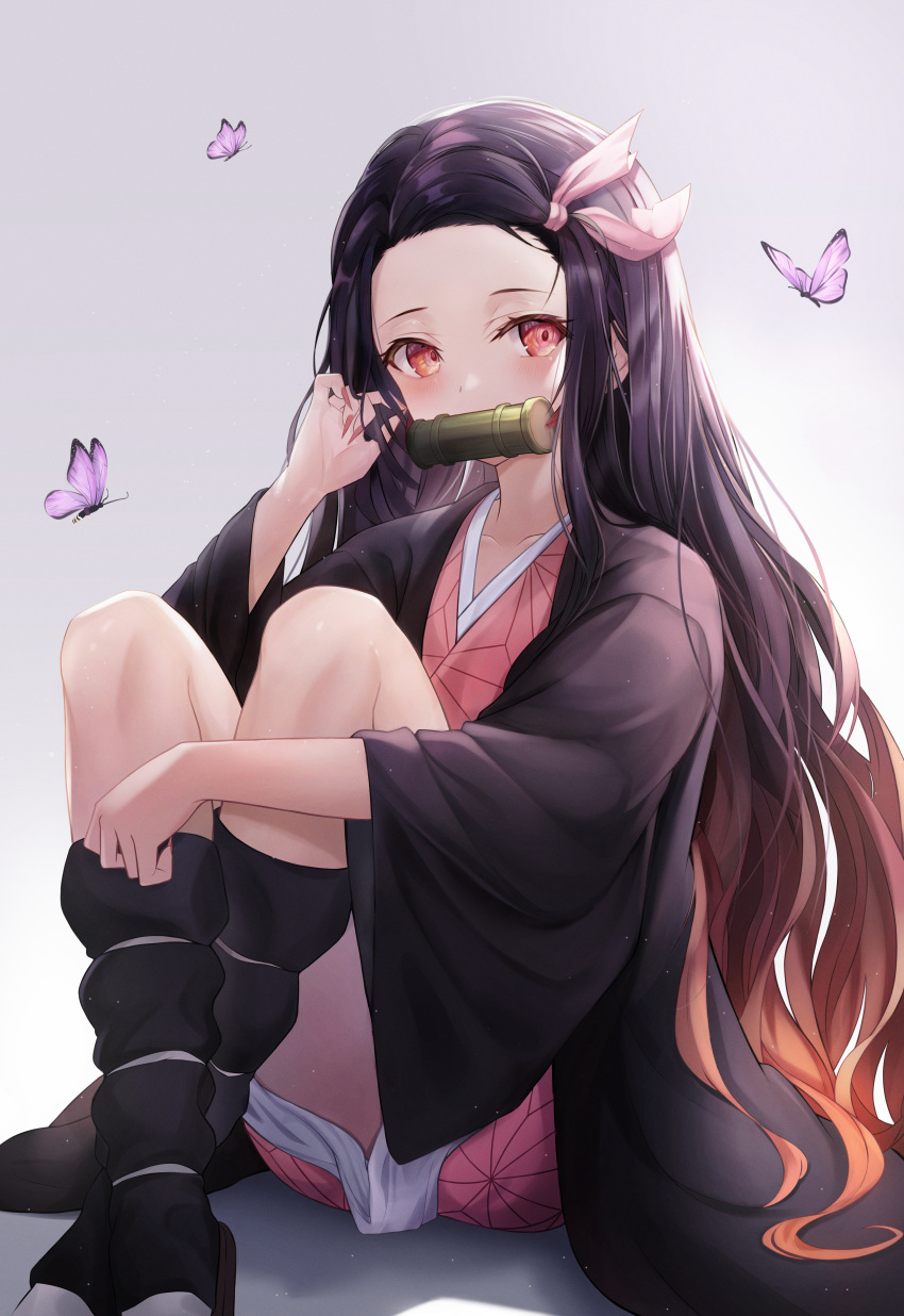 1girl absurdres bit_gag black_hair bug butterfly fingernails gag gradient_hair hair_ribbon haori highres huge_filesize insect japanese_clothes kamado_nezuko kimetsu_no_yaiba kimhu94 kimono long_hair looking_at_viewer multicolored_hair orange_hair pink_kimono pink_ribbon print_kimono red_eyes red_nails ribbon sharp_fingernails short_kimono sitting solo very_long_hair