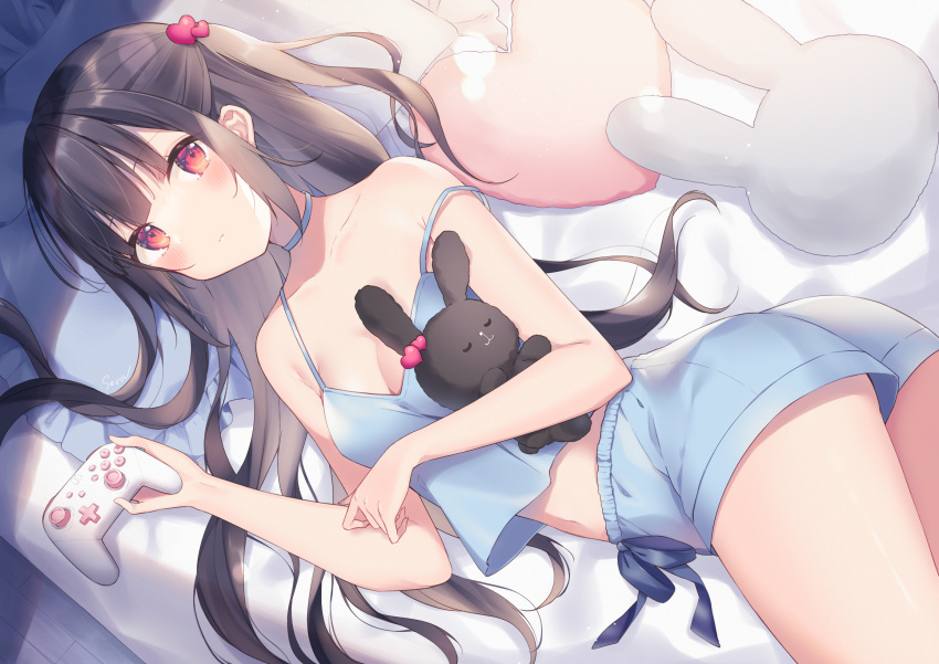 1girl ass bare_arms bare_shoulders black_hair blue_choker blue_shirt blue_shorts breasts camisole choker crop_top crop_top_overhang doll_hug hair_ornament highres long_hair looking_at_viewer lying midriff navel on_bed original playstation_controller red_eyes shiino_sera shirt short_shorts shorts sidelocks sleeveless sleeveless_shirt small_breasts solo spaghetti_strap strap_slip thighs two_side_up