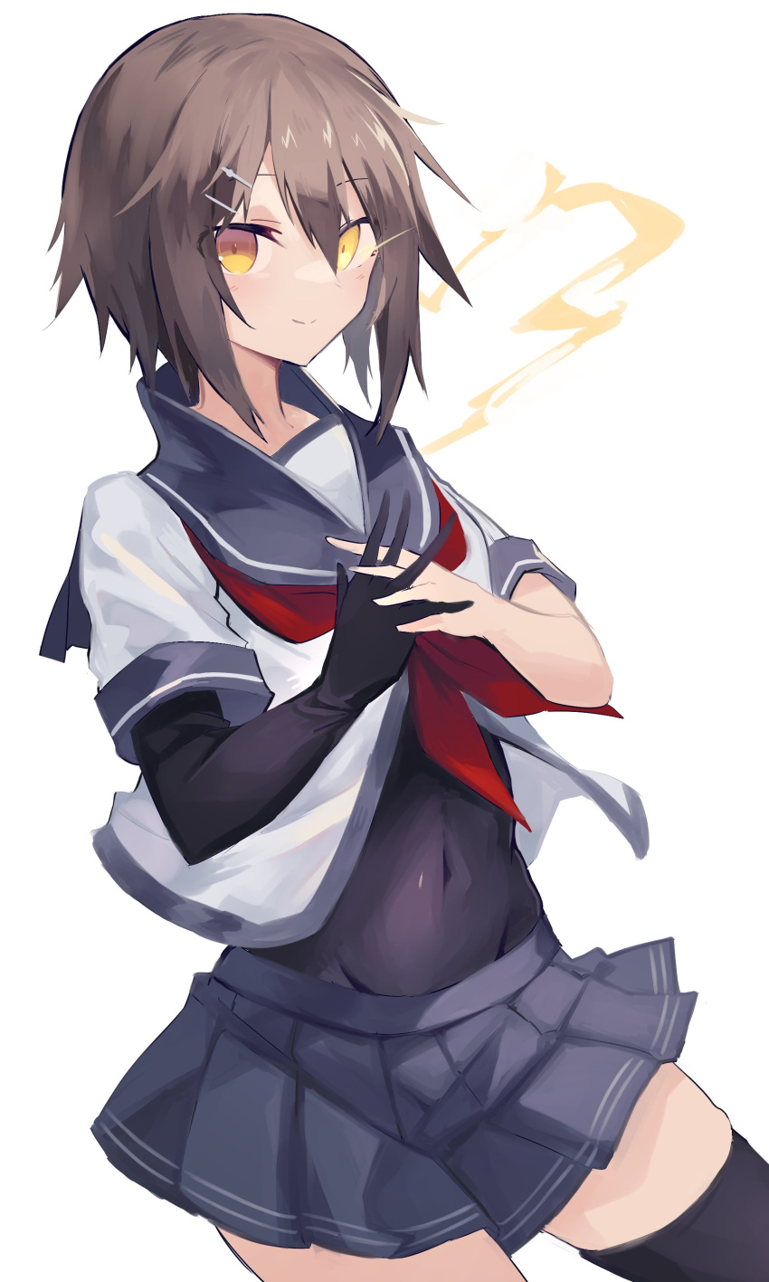 1girl absurdres asymmetrical_clothes blue_sailor_collar blue_skirt bodysuit brown_hair commentary_request cowboy_shot elbow_gloves furutaka_(kancolle) gloves glowing glowing_eye hair_ornament hairclip hands_clasped heterochromia highres kantai_collection looking_at_viewer neckerchief orange_eyes own_hands_together pleated_skirt red_neckwear remodel_(kantai_collection) sailor_collar sailor_shirt sasa_onigiri school_uniform serafuku shirt short_hair simple_background single_elbow_glove single_thighhigh skirt solo thigh-highs white_background yellow_eyes