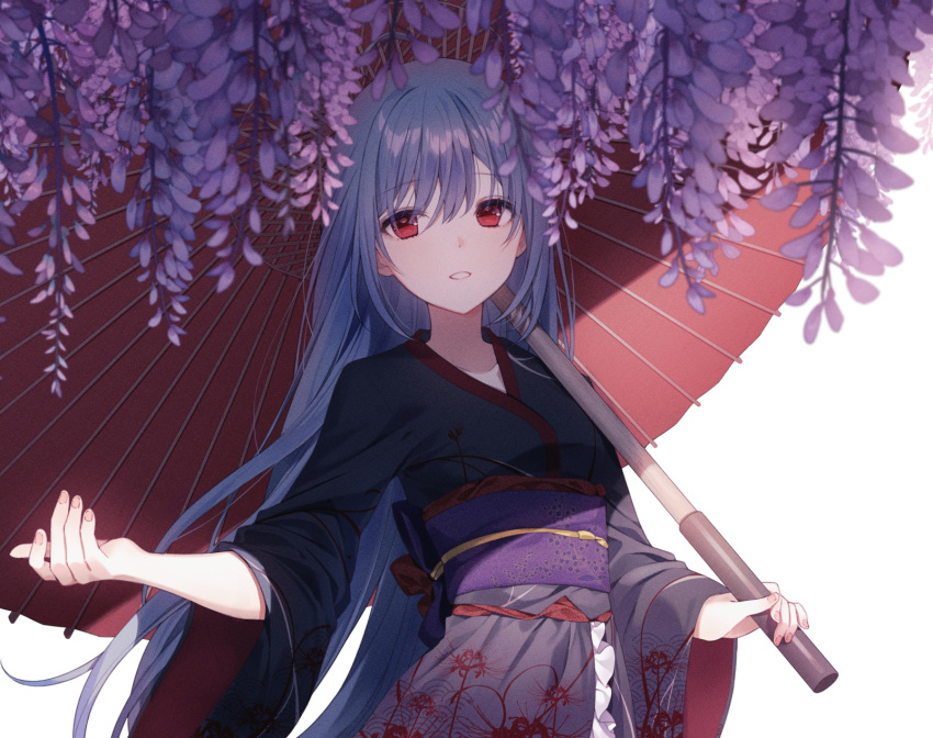 1girl a20_(atsumaru) bangs blue_hair clothing_request commentary_request cowboy_shot eyebrows_visible_through_hair flower hair_between_eyes highres holding holding_umbrella japanese_clothes kimono long_hair long_sleeves looking_at_viewer noise oil-paper_umbrella original reaching red_eyes simple_background solo standing tagme teeth umbrella white_background wide_sleeves wisteria