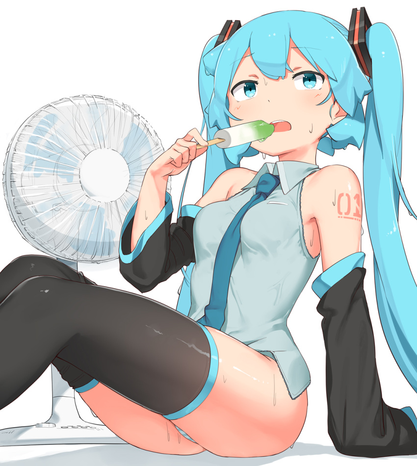 1girl abmayo aqua_hair aqua_neckwear bangs bare_shoulders black_legwear blush breasts commentary_request detached_sleeves fan feet_out_of_frame food grey_background hair_ornament hatsune_miku highres holding long_hair medium_breasts necktie open_mouth panties shoulder_tattoo simple_background sitting skindentation solo striped striped_panties sweat tattoo thigh-highs twintails underwear upper_teeth vocaloid