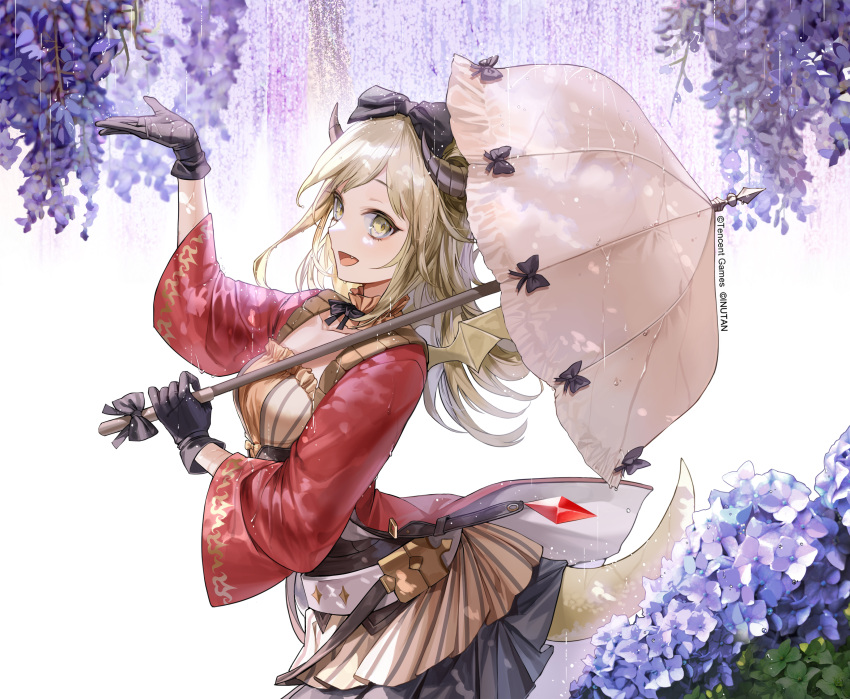 1girl :d absurdres arm_up bangs black_bow black_gloves black_skirt blonde_hair bow breasts brown_dress cowboy_shot dress fang flower from_side gloves hair_bow highres holding holding_umbrella horns jacket kim_eb long_hair long_sleeves looking_at_viewer manasis_refrain muel_(manasis_refrain) official_art open_clothes open_jacket open_mouth purple_flower red_jacket sideways_glance skirt smile solo standing tail umbrella yellow_eyes