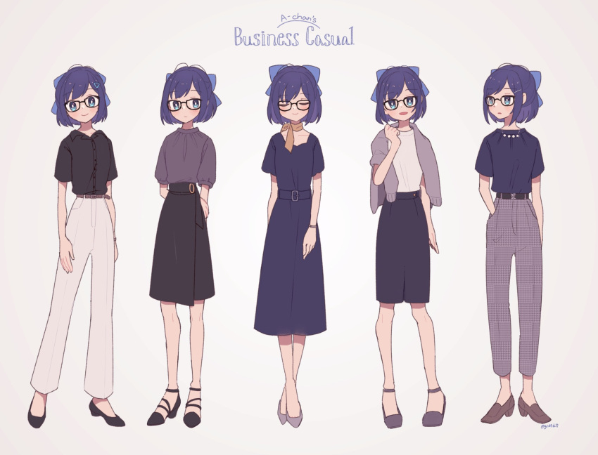 1girl a-chan_(hololive) alternate_costume arm_behind_back belt black-framed_eyewear black_belt black_footwear black_shirt black_skirt blue_dress blue_eyes blue_hair blue_ribbon blue_shirt blush breasts brown_belt brown_footwear character_name closed_eyes closed_mouth collared_shirt commentary dress english_text expressionless eyebrows_visible_through_hair full_body glasses goldfish_22 grey_background grey_footwear grey_jacket grey_pants hair_ornament hair_ribbon hairclip hand_in_pocket high_heels highres hololive jacket jacket_on_shoulders jewelry looking_at_viewer multiple_views necklace open_mouth pants pearl_necklace plaid plaid_pants ribbon scarf shirt shirt_tucked_in shoes short_hair short_sleeves simple_background skirt small_breasts smile standing twitter_username virtual_youtuber white_pants white_shirt wristband yellow_scarf