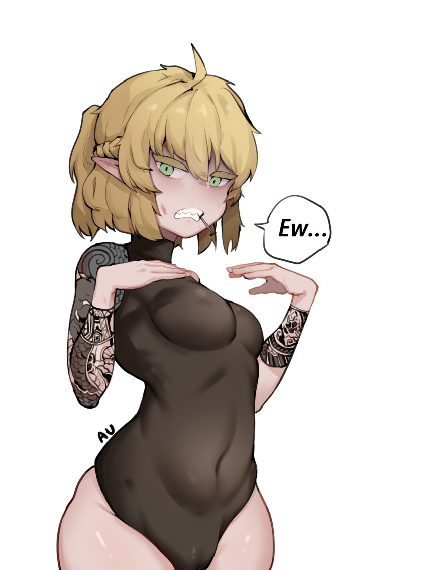 1girl ahoge alternate_costume arm_tattoo bangs black_leotard blonde_hair braid breasts clenched_teeth commentary cowboy_shot doro_au french_braid green_eyes highres leotard looking_at_viewer medium_breasts mizuhashi_parsee nail pointy_ears short_hair short_ponytail simple_background solo tattoo teeth teeth_hold touhou turtleneck_leotard white_background