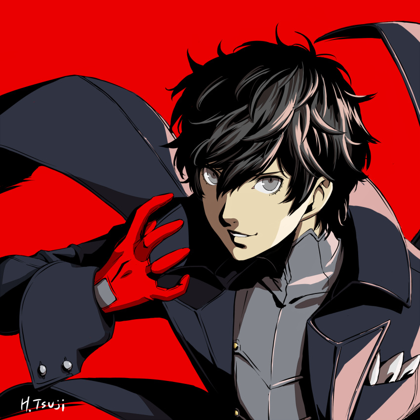 1boy amamiya_ren artist_name black_coat blonde_hair brown_eyes coat gloves grin hayatetsujimoto highres long_sleeves male_focus persona persona_5 red_background red_neckwear short_hair simple_background smile solo v-shaped_eyebrows yellow_gloves