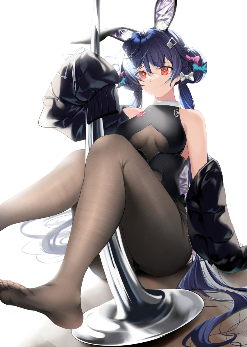 1girl allen_m._sumner_(azur_lane) allen_m._sumner_(charming_rabbit)_(azur_lane) animal_ears ass azur_lane bare_shoulders between_legs black_jacket black_leotard blue_bow blue_hair bodysuit bow braid braided_bun breasts bunny_pin clothing_cutout double_bun expressionless feet fine_fabric_emphasis frown hair_between_eyes hair_bow hair_ornament hairclip hand_up highres holding holding_pole jacket knees_together_feet_apart legs legs_up leotard long_hair long_sleeves medium_breasts no_shoes off_shoulder open_clothes open_jacket orange_eyes pink_bow playboy_bunny pole pole_dancing rabbit_ears red_eyes sitting sitting_on_floor solo thighs twintails underboob_cutout unzipped very_long_hair white_bow xi_ying