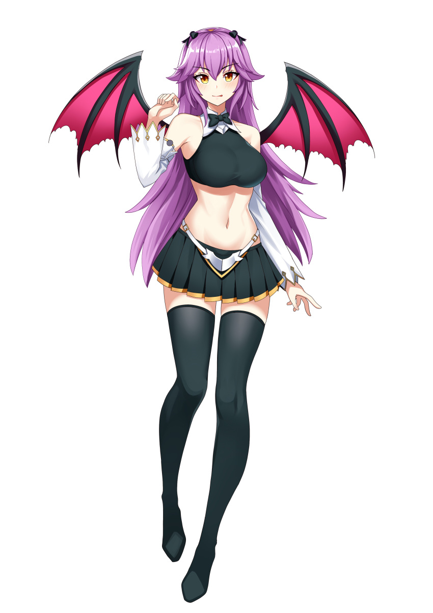 1girl :q absurdres armpits bare_shoulders black_footwear black_shirt black_skirt boots bow bowtie breasts closed_mouth collared_shirt commission crop_top demon_wings detached_sleeves full_body gold_trim hair_bow hair_flaps hand_up highres large_breasts long_hair long_sleeves looking_at_viewer midriff miniskirt navel orange_eyes original pleated_skirt purple_hair revealing_clothes rifqiaji shirt skirt smile solo standing stomach thigh-highs thigh_boots tongue tongue_out very_long_hair wings zettai_ryouiki
