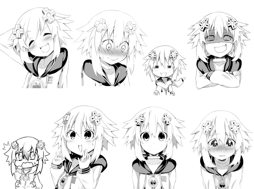 1girl blush choujigen_game_neptune closed_mouth commentary_request crying crying_with_eyes_open d-pad d-pad_hair_ornament embarrassed eyebrows_visible_through_hair greyscale hair_between_eyes hair_ornament highres hood hooded_jacket jacket kurozero looking_at_viewer medium_hair monochrome multiple_views neptune_(neptune_series) neptune_(series) open_mouth smile surprised tears upper_body
