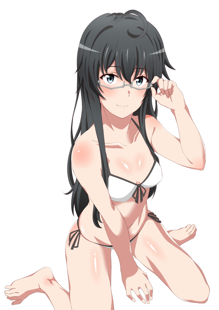 1girl absurdres adjusting_eyewear ahoge bangs barefoot bikini black_hair black_ribbon blue_eyes breasts closed_mouth collarbone eyebrows_visible_through_hair front-tie_bikini front-tie_top glasses grey-framed_eyewear hair_between_eyes halterneck highres long_hair ribbon semi-rimless_eyewear shiny shiny_hair shiny_skin shou937 side-tie_bikini simple_background sitting small_breasts smile solo straight_hair swimsuit under-rim_eyewear very_long_hair wariza white_background white_bikini yahari_ore_no_seishun_lovecome_wa_machigatteiru. yukinoshita_yukino