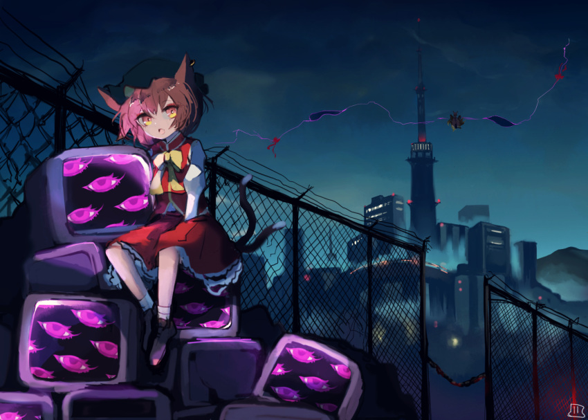 1girl animal_ears bow bowtie brown_eyes brown_hair building cat_ears cat_tail chen clouds cloudy_sky dress fence gap_(touhou) hat maaru_(akira428) mob_cap multiple_tails nekomata night night_sky outdoors red_dress scenery short_hair sky solo tail television touhou two_tails yakumo_ran yellow_neckwear