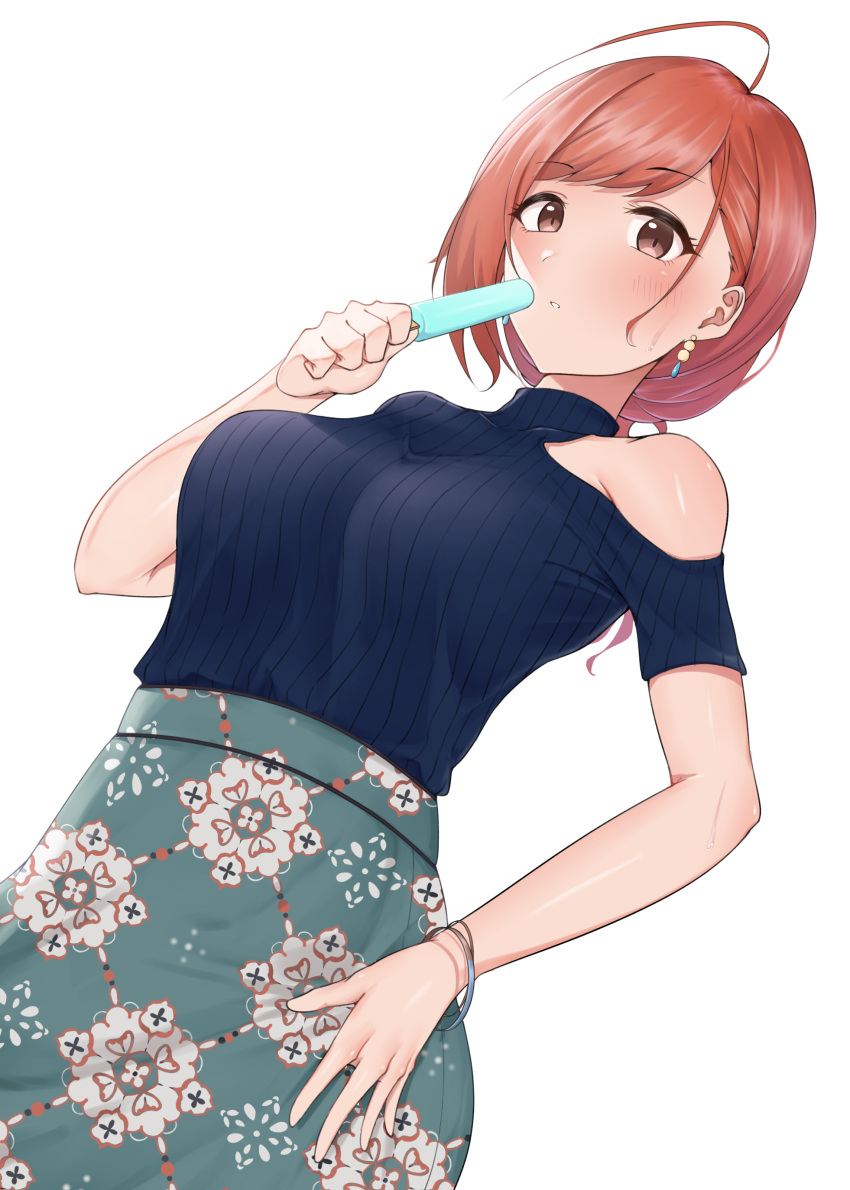 1girl absurdres ahoge arisugawa_natsuha bangs blue_sweater blush bracelet breasts brown_eyes clothing_cutout commentary_request cowboy_shot earrings eyebrows_visible_through_hair food green_skirt hand_on_hip high-waist_skirt highres holding holding_food idolmaster idolmaster_shiny_colors jewelry looking_at_viewer medium_breasts moriyama_a parted_lips popsicle print_skirt redhead short_hair short_sleeves shoulder_cutout simple_background single_bare_shoulder skirt solo sweater swept_bangs white_background