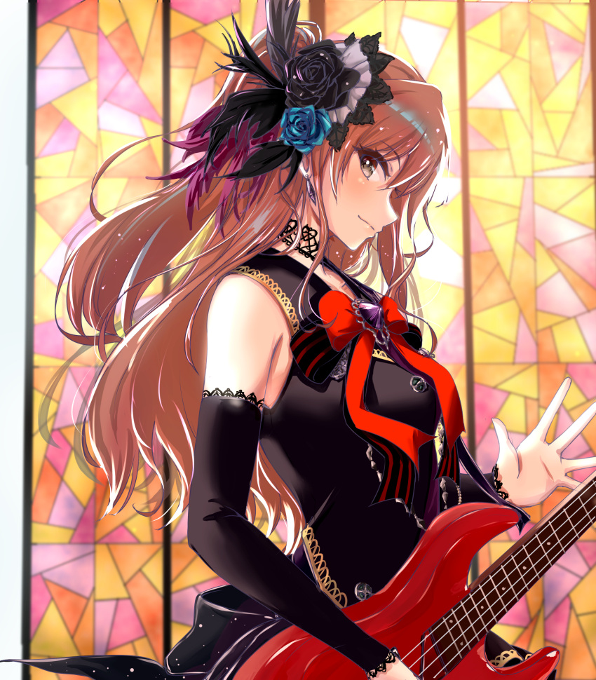 1girl bang_dream! bangs black_feathers black_flower black_jacket black_rose black_sleeves blue_flower blue_rose bow bowtie brown_eyes brown_hair closed_mouth detached_sleeves earrings eyebrows_visible_through_hair feather_hair_ornament feathers floating_hair flower grey_feathers hair_between_eyes hair_flower hair_ornament highres holding holding_instrument imai_lisa instrument jacket jewelry long_hair long_sleeves ochi_r outstretched_hand red_bow red_feathers red_neckwear rose shiny shiny_hair side_ponytail sleeveless sleeveless_jacket smile smug solo stained_glass standing striped striped_bow striped_neckwear upper_body very_long_hair