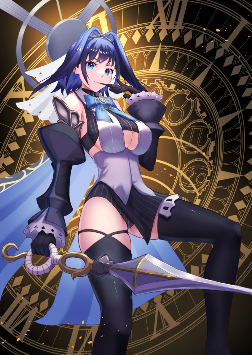 1girl asymmetrical_legwear bangs biting black_gloves black_legwear blue_eyes blue_hair boku_no_edamame breasts chain clock detached_collar detached_sleeves english_commentary feet_out_of_frame glove_biting gloves hair_intakes hairband halo hand_up highres holding holding_sword holding_weapon hololive hololive_english knee_up large_breasts leotard mouth_hold neck_ribbon ouro_kronii revision ribbon short_hair skindentation solo sword thigh-highs thighs under_boob virtual_youtuber weapon