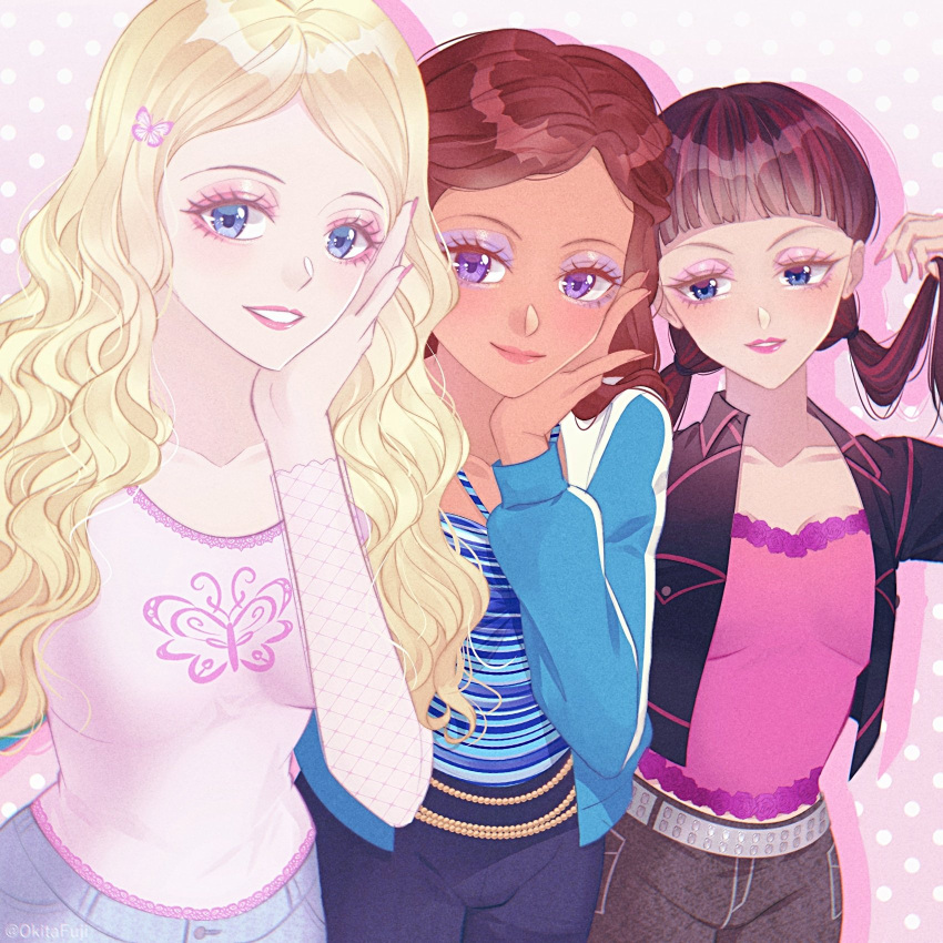 2000s_fashion 3girls bangs barbie_(character) barbie_(franchise) barbie_movies bead_belt belt black_hair black_jacket blonde_hair blue_eyes blue_jacket blue_shirt blunt_bangs bomber_jacket breasts brown_hair bug butterfly butterfly_hair_ornament casual courtney_(barbie) curly_hair dark-skinned_female dark_skin denim denim_jacket eyeshadow fashion friends grin hair_ornament hand_on_own_cheek hand_on_own_face head_rest highres holding holding_hair insect jacket jeans long_sleeves makeup multiple_girls nail_polish narrowed_eyes nikki_(barbie) okitafuji outline pants pink_background pink_eyeshadow pink_lips pink_nails pink_shirt playing_with_own_hair polka_dot polka_dot_background purple_eyeshadow see-through_sleeves shirt smile striped striped_shirt studded_belt teenage the_barbie_diaries tia_(barbie) tight tight_shirt twintails violet_eyes wavy_hair
