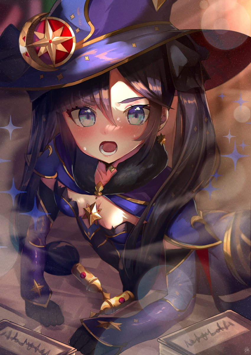 1girl blue_eyes blush book breasts choker earrings fur_trim genshin_impact gloves hair_ornament hat_ornament highres jewelry leotard long_sleeves looking_at_viewer mona_megistus open_mouth purple_hair small_breasts star_(symbol) star_choker star_earrings star_hair_ornament star_hat_ornament taiyaking twintails