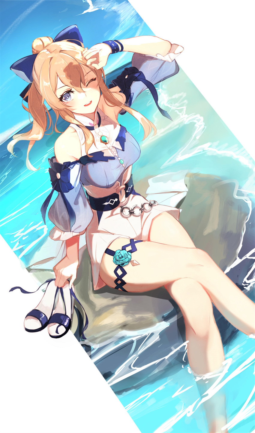 1girl ;d absurdres aqua_flower arm_up bangs bare_shoulders blonde_hair blue_bow blue_eyes blue_footwear blue_sky bow commentary_request crossed_legs day detached_sleeves dutch_angle genshin_impact hair_between_eyes hair_bow high-waist_shorts high_heels high_ponytail highres horizon jean_gunnhildr looking_at_viewer lumo_1121 medium_hair o-ring ocean one_eye_closed open_mouth outdoors ponytail rock shiny shiny_hair shoes_removed shorts sidelocks sitting sky smile soaking_feet solo summer thighlet thighs white_shorts wind wristband
