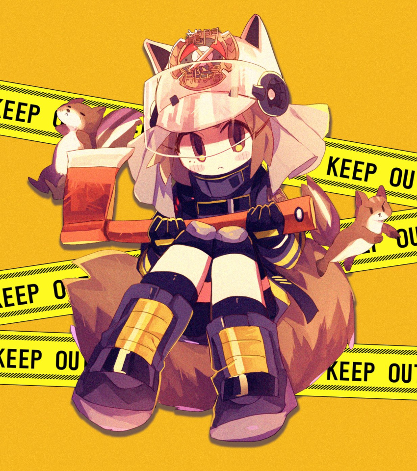 1girl :&lt; animal_ears animal_ears_helmet arknights axe black_footwear black_gloves blush_stickers boots brown_hair caution_tape fire_axe firefighter gloves helmet highres holding holding_axe looking_at_viewer shaw_(arknights) short_hair solo squirrel squirrel_ears squirrel_tail stylishtrash tail visor