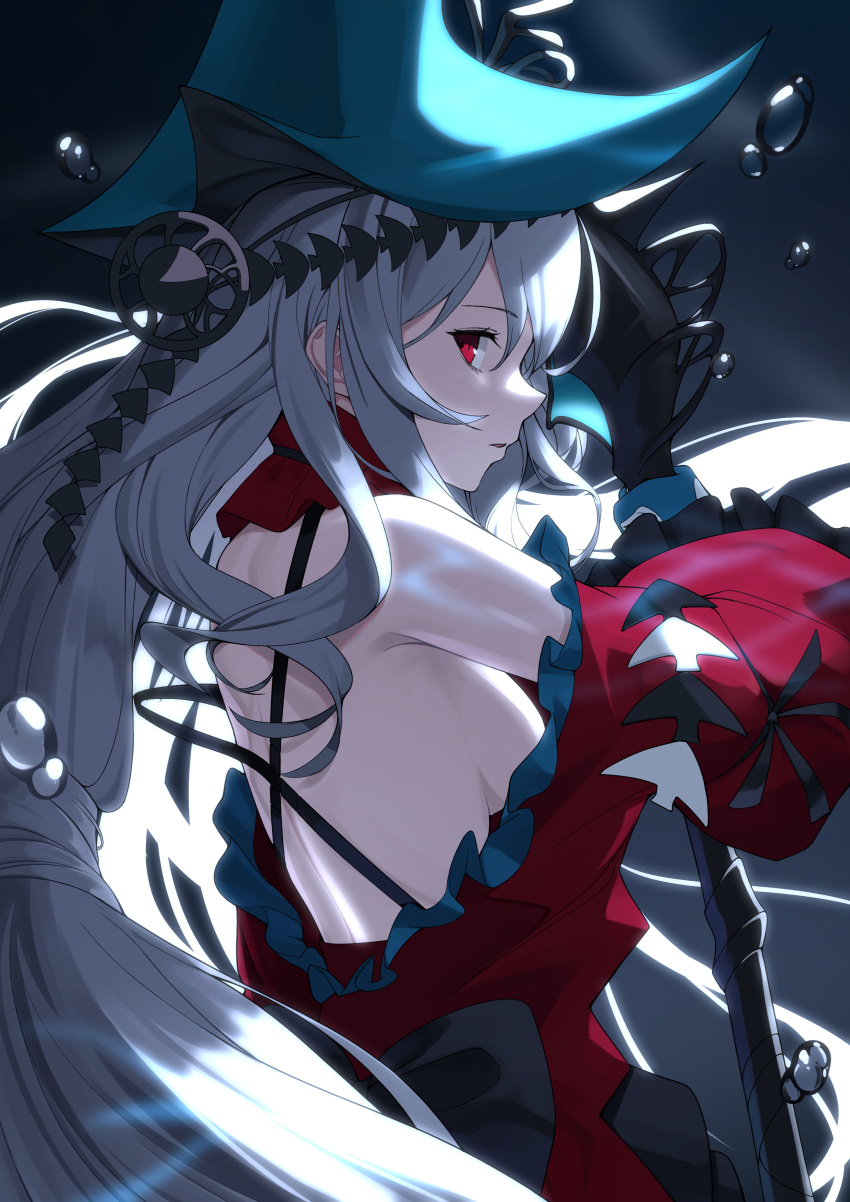 1girl absurdres aqua_headwear arknights artist_name blue_gloves breasts commentary_request ett from_behind gloves highres korean_commentary long_hair looking_at_viewer medium_breasts pointy_hat red_eyes revision sideboob skadi_(arknights) skadi_the_corrupting_heart_(arknights) solo white_hair