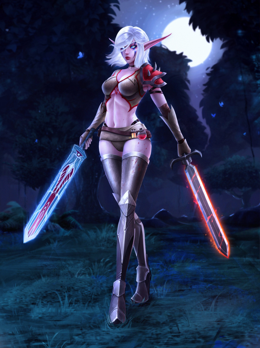 1girl absurdres alisa_nilsen armor belt bikini_armor black_choker blue_sclera boots breasts choker closed_mouth colored_sclera colored_skin crescent_choker crossed_legs dual_wielding elf forest full_moon grass highres holding holding_sword holding_weapon looking_at_viewer medium_breasts medium_hair metal_boots moon nature navel night_elf pink_skin pointy_ears shoulder_spikes single_pauldron solo spikes standing sword thigh-highs thigh_boots toned tree vial warcraft watson_cross weapon white_eyes white_hair world_of_warcraft