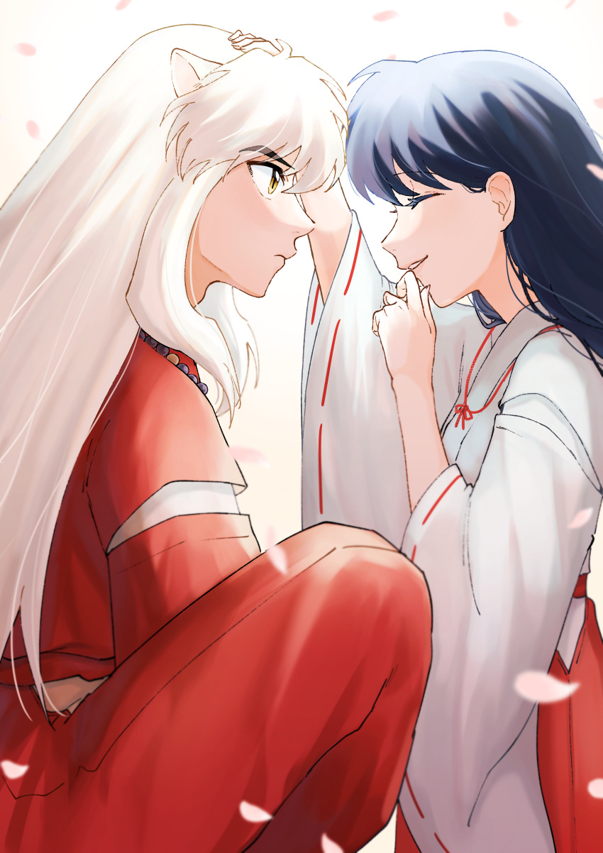 1boy 1girl absurdres animal_ears blue_hair cherry_blossoms closed_eyes couple floating_hair fox_ears from_side hakama hetero highres inuyasha inuyasha_(character) japanese_clothes kikyou_(inuyasha) kimono long_hair long_sleeves looking_at_another petting popehe red_hakama red_kimono ribbon-trimmed_sleeves ribbon_trim silver_hair straight_hair very_long_hair white_background white_kimono wide_sleeves yellow_eyes