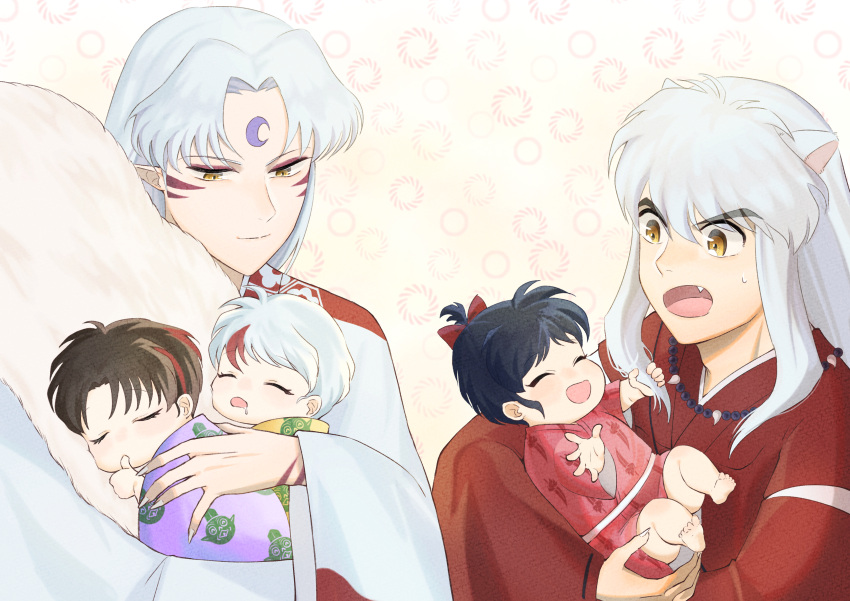 2boys ^_^ absurdres animal_ears black_hair bow brothers brown_hair child closed_eyes closed_mouth drooling facial_mark fang father_and_daughter fox_ears hair_bow hair_intakes han'you_no_yashahime highlights highres higurashi_towa inuyasha inuyasha_(character) japanese_clothes kimono long_hair moroha multicolored_hair multiple_boys one_side_up pointy_ears popehe red_bow red_kimono redhead sesshoumaru setsuna_(inuyasha) shiny shiny_hair siblings silver_hair sleeping sweatdrop thumb_sucking white_kimono