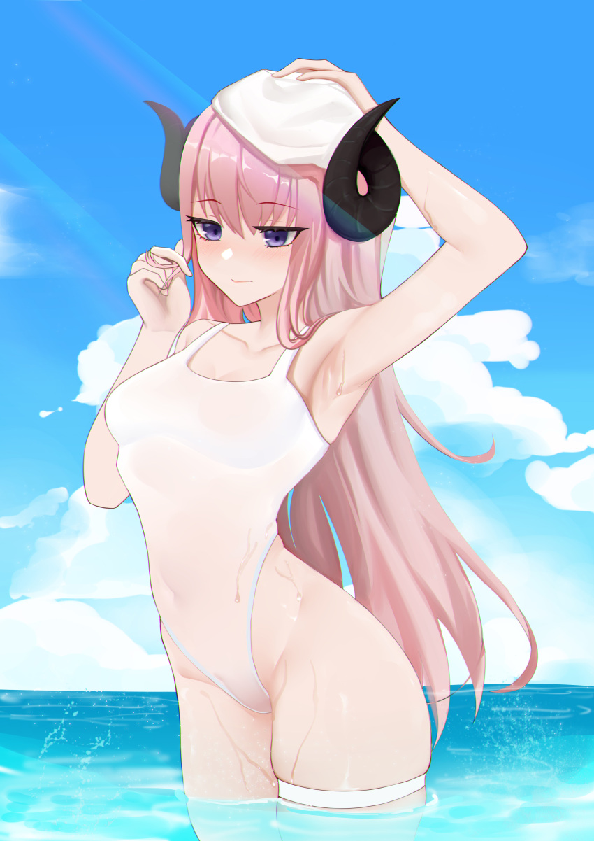 1girl absurdres blue_eyes blue_sky clouds commentary_request covered_navel cowboy_shot day gengetsu_aya highres horizon horns leg_garter long_hair ocean one-piece_swimsuit original outdoors pink_hair sky soaking_feet solo standing swimsuit water wet wet_clothes white_headwear white_swimsuit