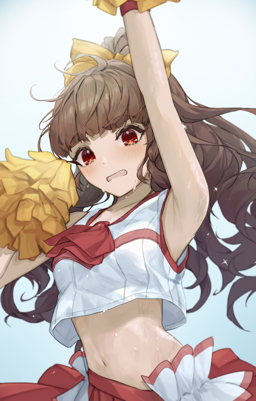 1girl absurdres arm_up armpits bangs blunt_bangs bow brown_hair cheerleader collarbone crop_top eyebrows_visible_through_hair floating_hair hair_bow high_ponytail highres idolmaster idolmaster_cinderella_girls idolmaster_cinderella_girls_starlight_stage kamiya_nao long_hair looking_at_viewer midriff navel open_mouth pleated_skirt pom_poms red_eyes red_neckwear red_skirt shino_sto shirt skirt sleeveless sleeveless_shirt solo standing stomach sweat very_long_hair wavy_mouth white_background white_shirt yellow_bow