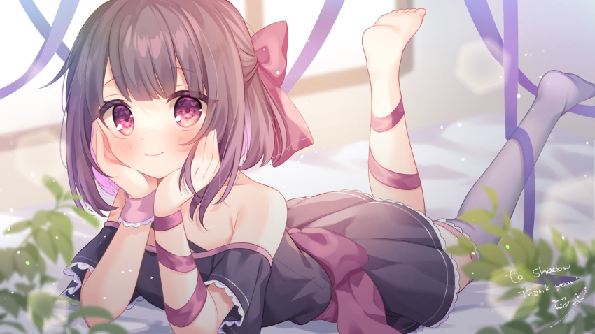 1girl arm_ribbon bare_shoulders barefoot black_dress bow brown_hair commission dress frilled_dress frilled_legwear frilled_sleeves frills full_body hair_bow head_rest highres indie_virtual_youtuber komachi_pochi leg_ribbon lying off-shoulder_dress off_shoulder on_stomach pink_eyes purple_legwear ribbon second-party_source shadow_(vtuber) short_hair single_thighhigh skeb_commission thigh-highs zettai_ryouiki