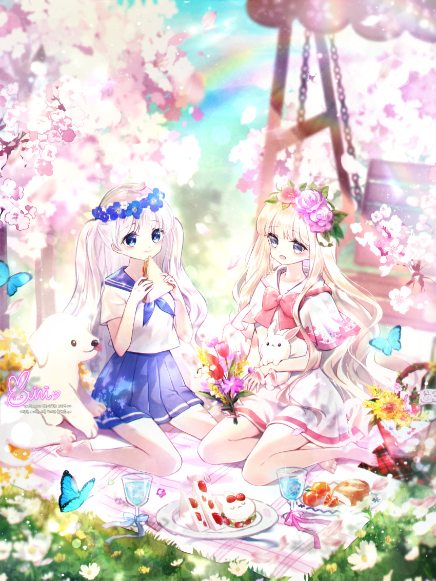 2girls :d absurdres animal bangs blanket blonde_hair blue_bow blue_eyes blue_flower blue_sailor_collar blue_skirt blurry blurry_background blush bow capelet closed_mouth commission cup danby_merong day depth_of_field dog dress drinking_glass eyebrows_visible_through_hair flower flower_wreath food fruit grey_eyes hair_flower hair_ornament head_wreath highres holding holding_food huge_filesize korean_text long_hair multiple_girls open_mouth original outdoors plate pleated_skirt purple_flower purple_rose rabbit rainbow rose sailor_collar sailor_dress sandwich school_uniform serafuku shirt short_sleeves skirt smile strawberry translation_request two_side_up very_long_hair white_capelet white_dress white_flower white_hair white_sailor_collar white_shirt
