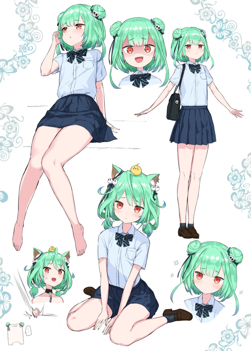 ... 1girl :d anger_vein animal_ears animal_on_head bag barefoot bird bird_on_head blush bow bowtie breast_pocket cat_ears chick crystal_shoujo cutting_board double_bun earrings eyebrows_visible_through_hair face fang flat_chest full_body green_hair hair_ornament highres hololive jewelry loafers looking_at_viewer looking_away multiple_views on_head open_mouth pleated_skirt pocket red_eyes school_bag school_uniform shaded_face shoes short_hair shoulder_bag sitting skin_fang skirt skull_earrings skull_hair_ornament smile solo spoken_ellipsis standing uruha_rushia virtual_youtuber wariza white_background