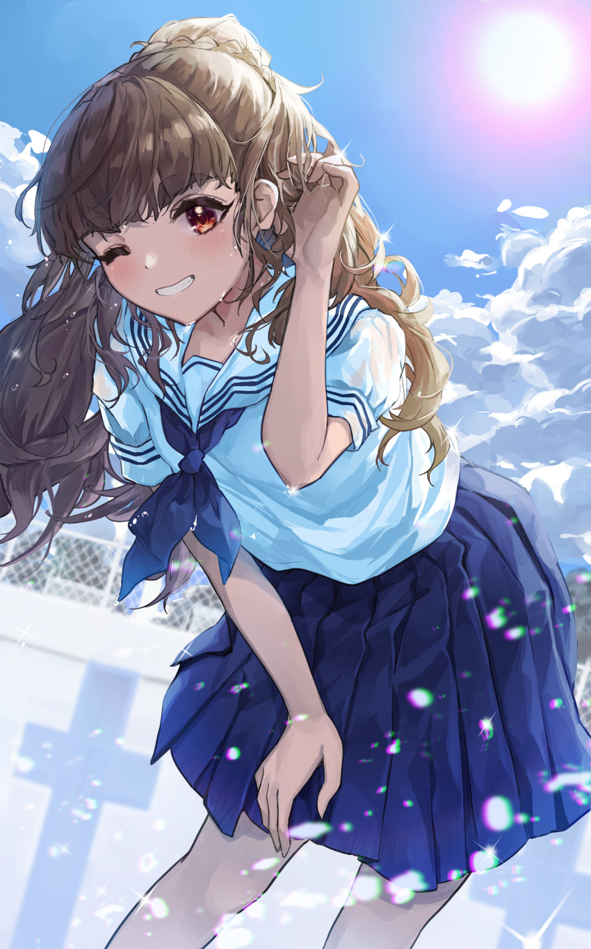 1girl absurdres bent_over blue_neckwear blue_skirt blue_sky blurry blurry_background brown_hair collared_shirt empty_pool floating_hair grin highres idolmaster idolmaster_cinderella_girls idolmaster_cinderella_girls_starlight_stage kamiya_nao long_hair looking_at_viewer miniskirt one_eye_closed plaid plaid_skirt red_eyes sailor_collar sailor_shirt shino_sto shiny shiny_hair shirt short_sleeves skirt sky smile solo standing sun very_long_hair white_sailor_collar white_shirt