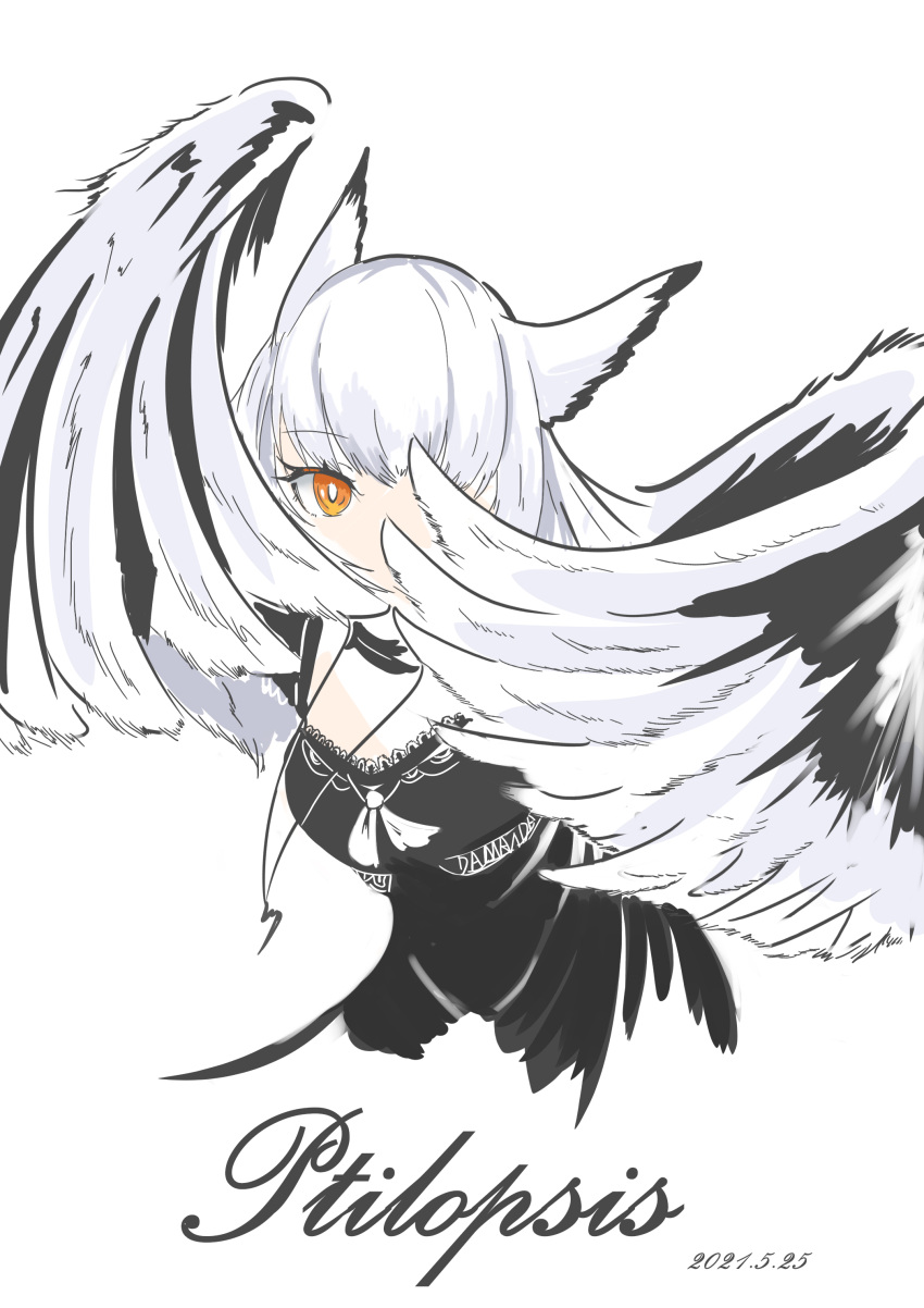 1girl absurdres animal_ears arknights bangs black_dress cedu4833 chinese_commentary commentary_request dated dress eyebrows_visible_through_hair feather_hair feathered_wings feathers harpy highres jewelry lace-trimmed_dress lace_trim long_hair monster_girl monsterification necklace orange_eyes owl_ears ptilopsis_(arknights) silver_hair simple_background solo white_background white_feathers winged_arms wings