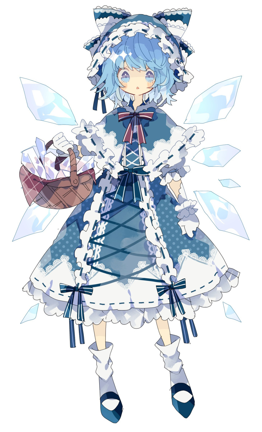 absurdres adapted_costume basket black_footwear blue_bow blue_capelet blue_dress blue_eyes blue_hair blush bow capelet cirno commentary detached_wings dress frills gloves highres holding holding_basket hood hood_up ice ice_wings looking_at_viewer loose_socks nikorashi-ka red_neckwear shoes short_hair simple_background touhou triangle_mouth white_background white_gloves white_legwear wings
