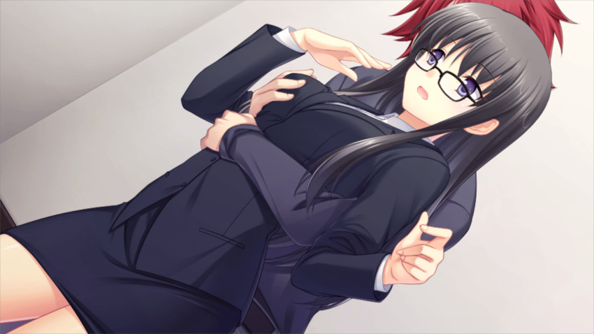 1boy 1girl bangs black-framed_eyewear black_hair black_jacket black_skirt breast_grab breasts collared_shirt cowboy_shot eyebrows_visible_through_hair game_cg glasses grabbing grabbing_from_behind gretel_jeckeln hair_between_eyes jacket long_hair long_sleeves medium_breasts miniskirt muvluv_alternative_strike_frontier official_art open_mouth pencil_skirt redhead shiny shiny_hair shirt skirt straight_hair theodor_edelbach violet_eyes white_shirt wing_collar