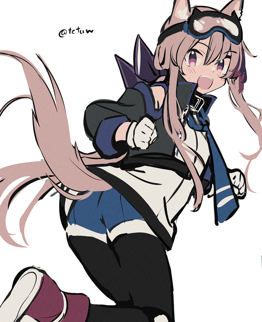 1girl animal_ears arknights black_jacket black_legwear blue_neckwear blue_shorts boots brown_hair cardigan_(arknights) dog_ears dog_girl dog_tail goggles goggles_on_head hair_between_eyes highres jacket legwear_under_shorts looking_at_viewer multicolored_hair necktie one-hour_drawing_challenge open_mouth pantyhose purple_footwear purple_hair shirt shorts simple_background solo streaked_hair tail tetuw twitter_username violet_eyes white_background white_shirt